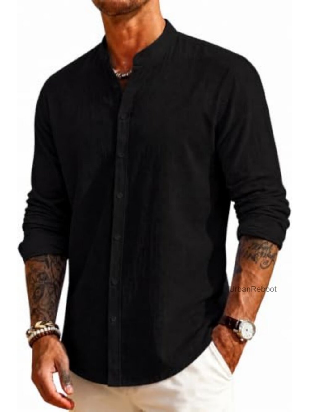 Mens Linen Band Collar Button Down Shirt Long Sleeve Casual Beach Shirt